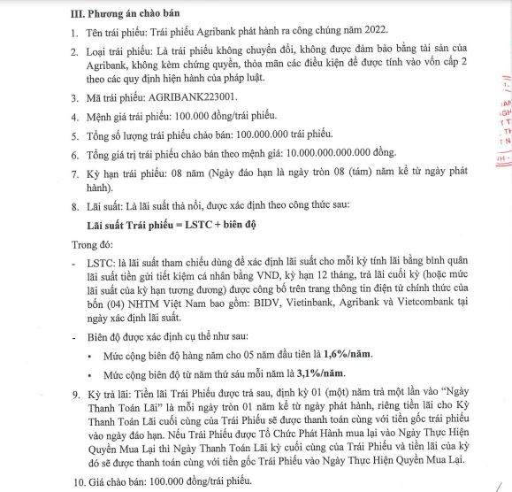 Phương án chào bán trái phiếu ra công chúng của Agribank (nguồn: Agribank)