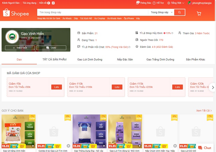 Gian hàng của sản phẩm OCOP thương hiệu Gạo Vinh Hiển trên sàn TMĐT Shopee