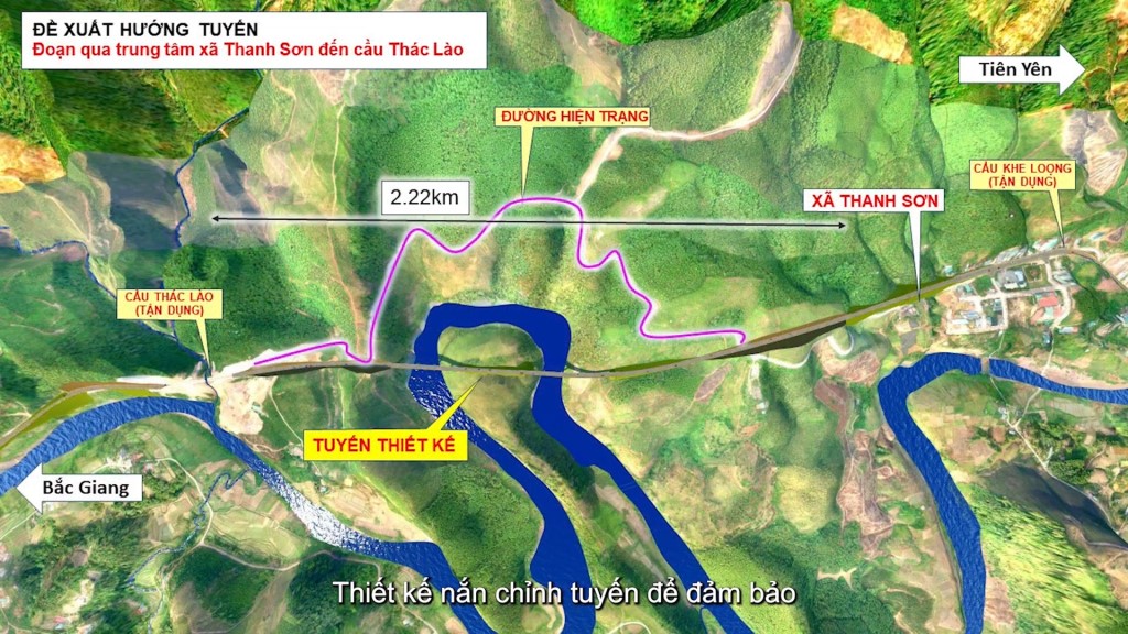 Phối cảnh Dự án nâng cấp cải tạo đường tỉnh 330 nhìn từ trên cao, nhiều khúc cua tay áo sẽ được thay thế bằng cầu vượt sông và cầu cạn.