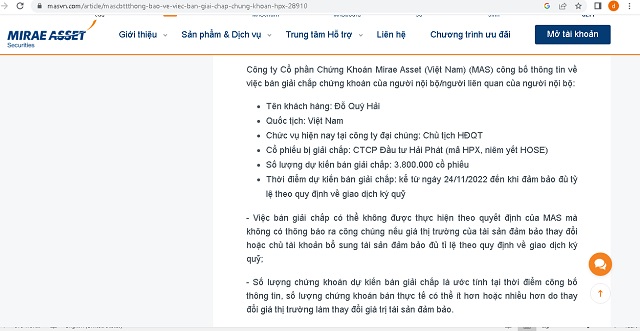 Một phần thông báo của MAS về việc bán giải chấp cổ phiếu HPX mà ông Đỗ Quý Hải đang nắm giữ