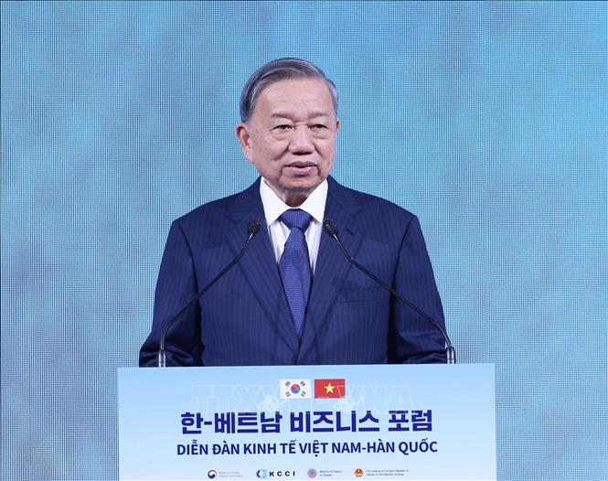 Tổng Bí thư cho biết, Việt Nam đang tiếp tục hoàn thiện thể chế, cải thiện môi trường đầu tư kinh doanh, tháo gỡ các “điểm nghẽn” để khơi thông nguồn lực, thúc đẩy chuyển đổi cơ cấu nền kinh tế gắn mới đổi mới mô hình tăng trưởng... - Ảnh: TTXVN