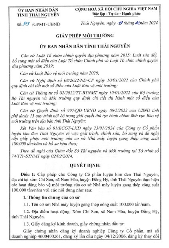 Giấy phép môi trường ngày 19/2/2024 được cấp cho Công ty CP Luyện Kim đen Thái Nguyên.