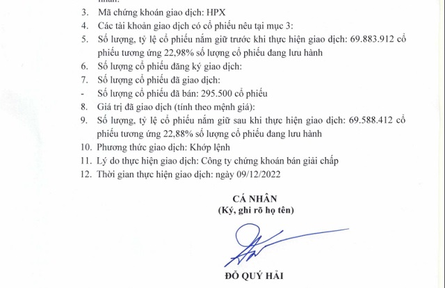 Thông báo gần đây nhất về việc bị buộc bán giải chấp cổ phiếu HPX của ông Đỗ Quý Hải