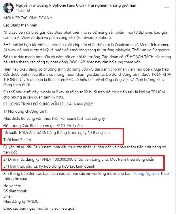 Ông Nguyễn Tử Quảng kêu gọi nhà đầu tư góp vốn kinh doanh với lãi suất 10%(Ảnh chụp màn hình)