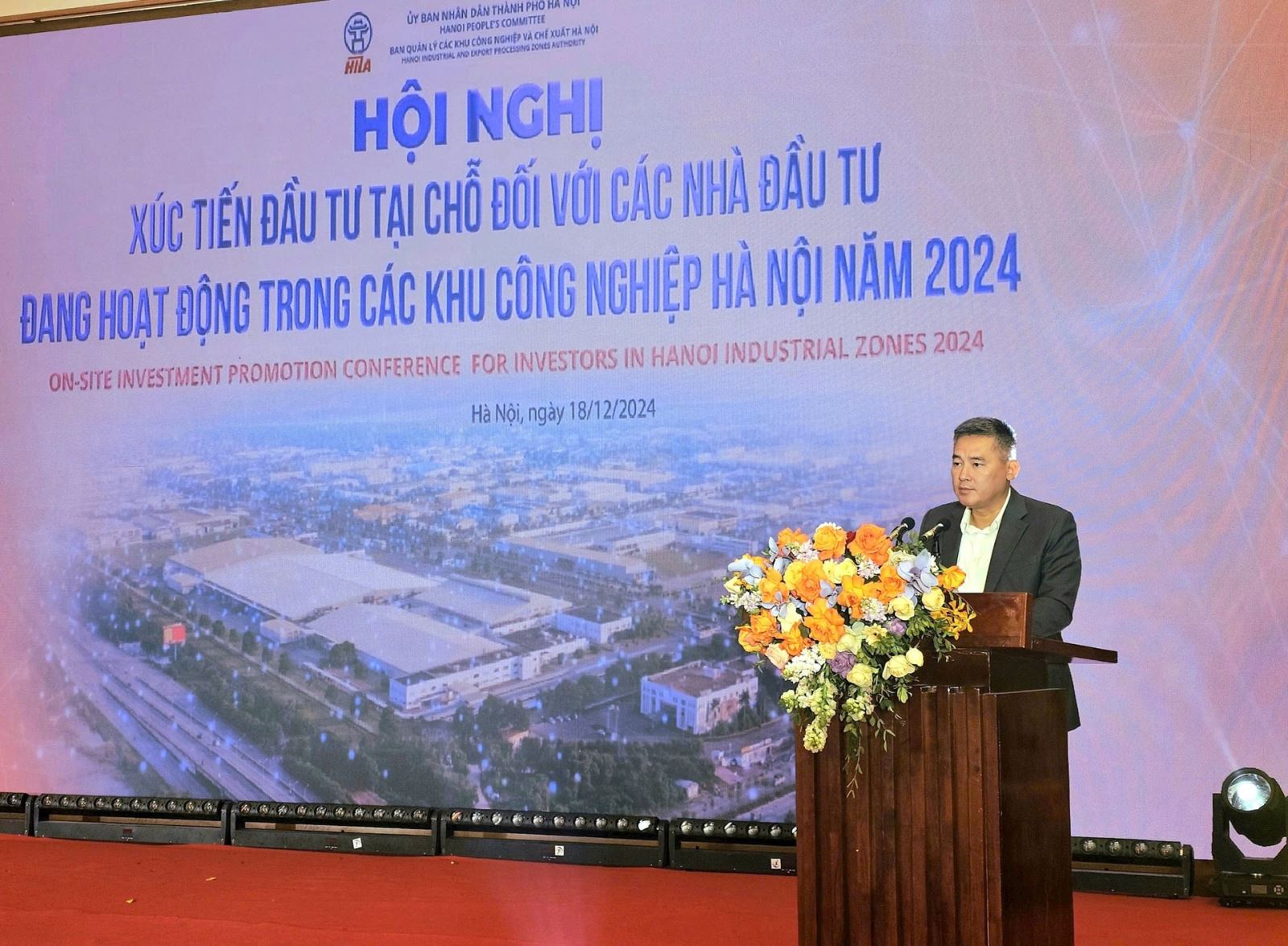 Trưởng Ban Quản lý các Khu công nghiệp và Chế xuất Hà Nội Lê Quang Long phát biểu tại Hội nghị. Ảnh: tạp chí nguoihanoi.vn