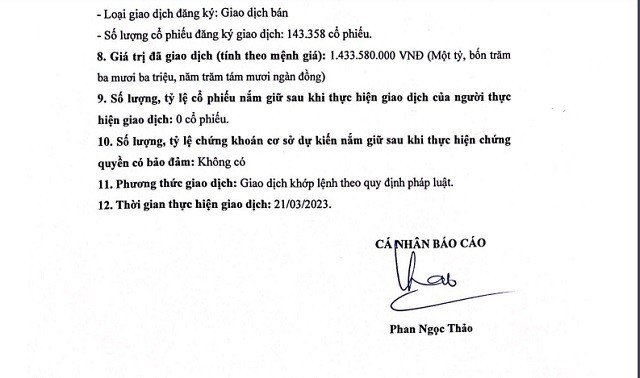  Một phần thông báo thoái vốn thành công của Chủ tịch HĐQT THI.